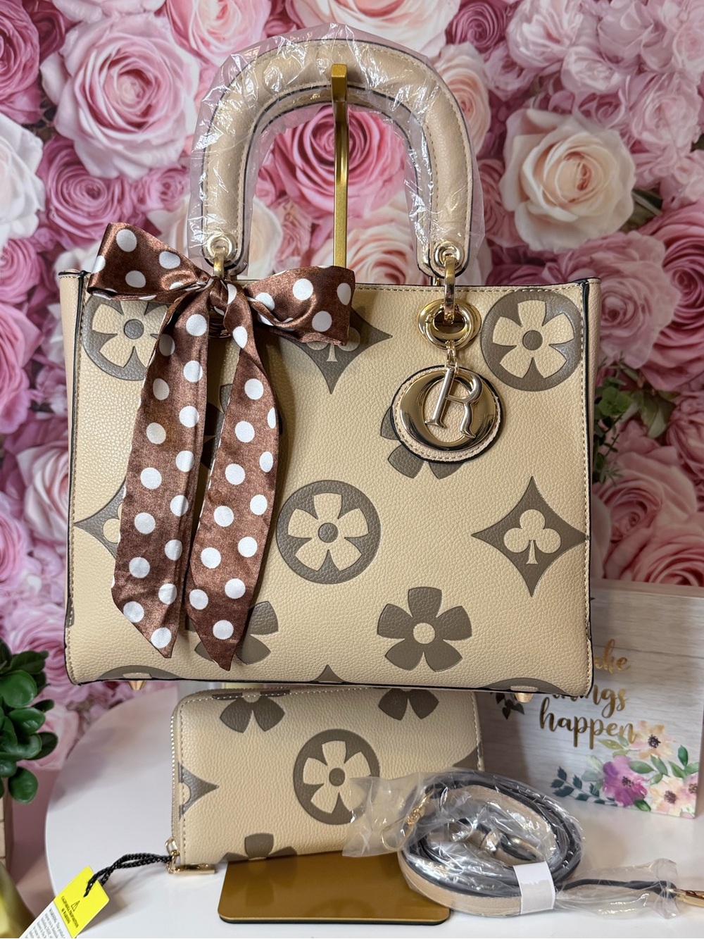 Designer-Inspired Beige Floral Monogram Satchel with Matching Wallet